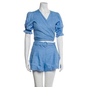 Shani Shemer Kate Puffy Sleeve Top & Sierra Short Set Linen Bright Blue Sz XS
